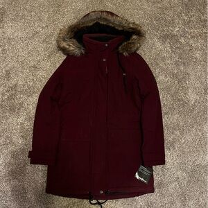 Eddie Bauer Women's Burgundy Ski Jacket with Faux Fur Hood